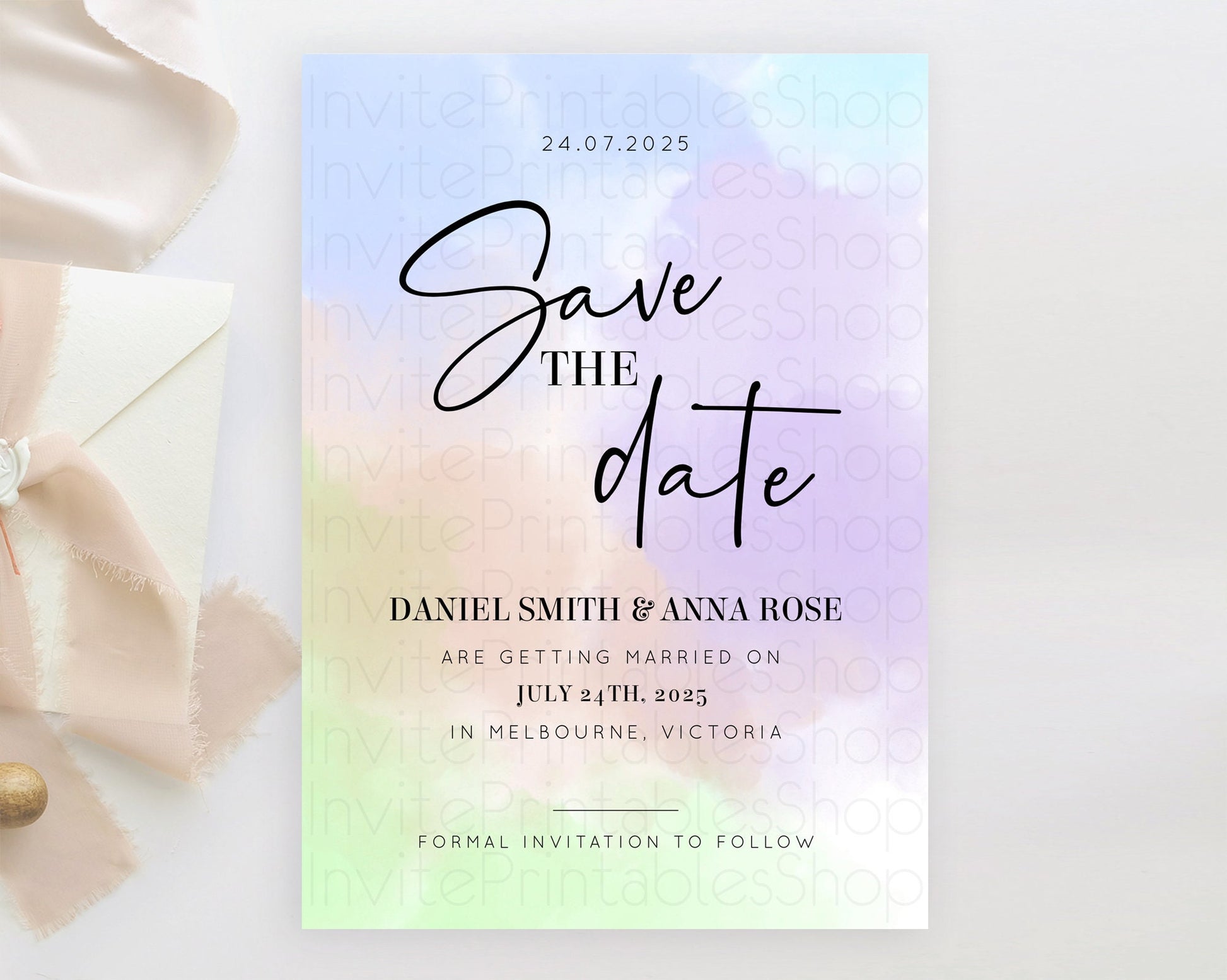 Editable Pastel Save The Date Template Pastel Ombre Rainbow Watercolor Color