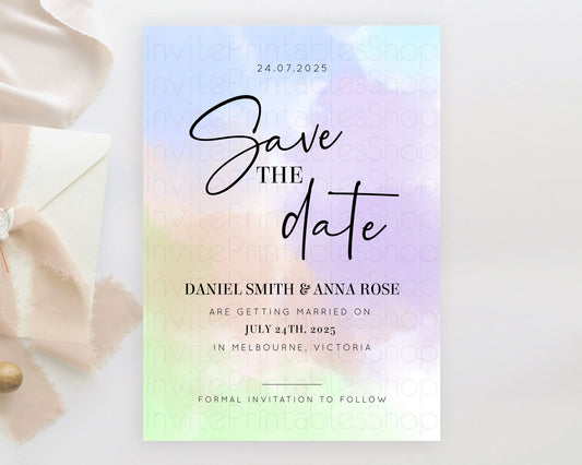 Editable Pastel Save The Date Template Pastel Ombre Rainbow Watercolor Color