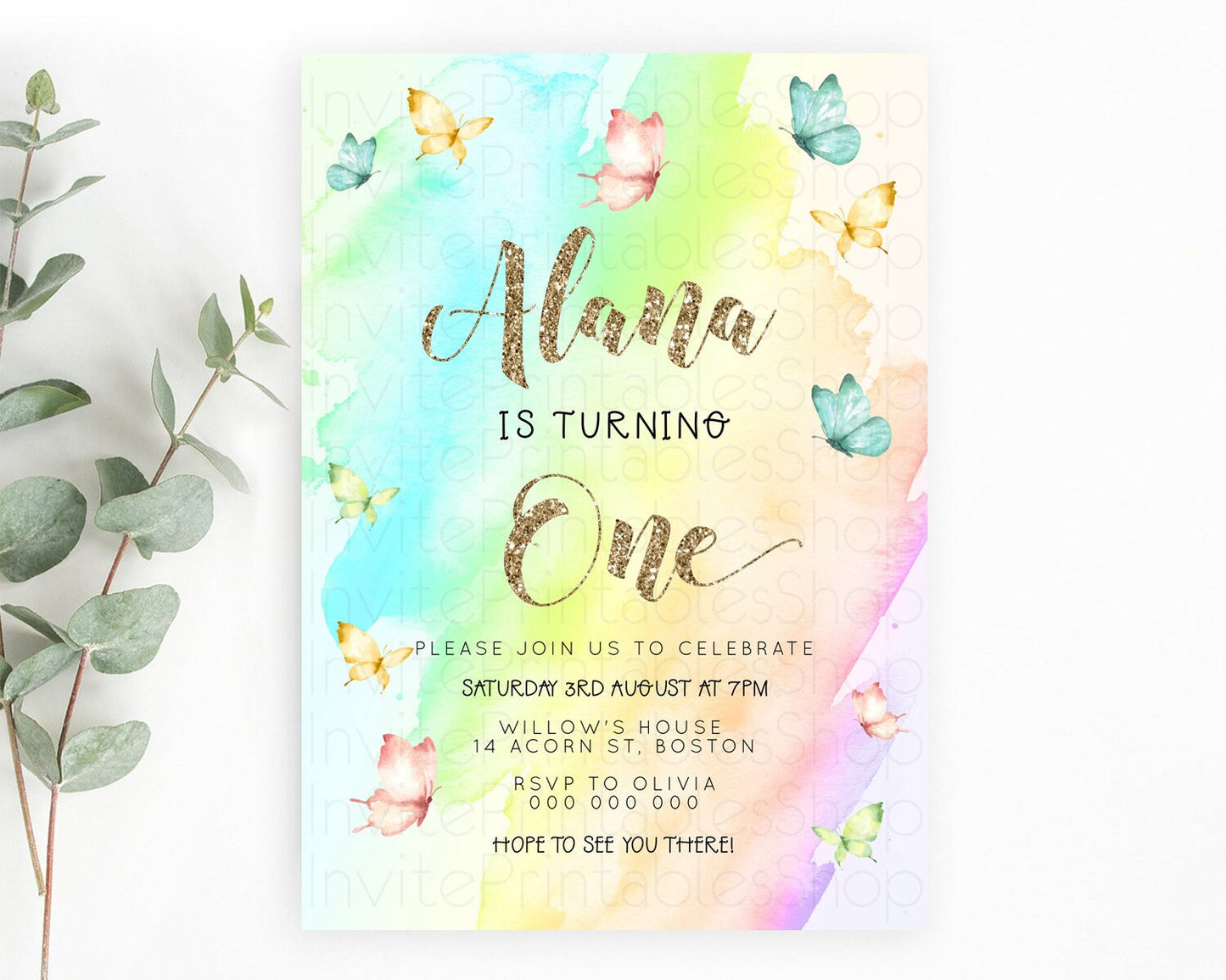 Pastel Butterfly Birthday Invitation Butterfly Birthday Invitation Colorful Splash Glitter Butterfly Garden 1st 2nd Birthday D23235