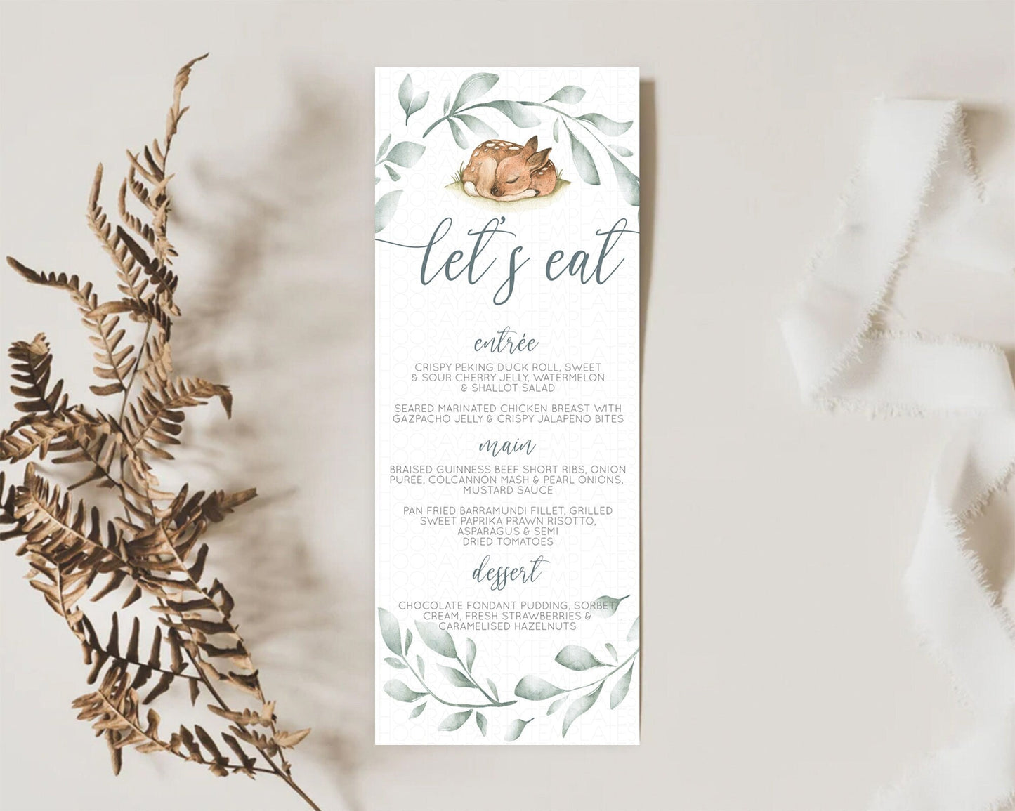 Fawn Menu Deer Menu Template Pastel Floral Deer Table Decor Enchanted Forest Butterfly Floral Dinner Dessert Menu Party Food Menu D10935