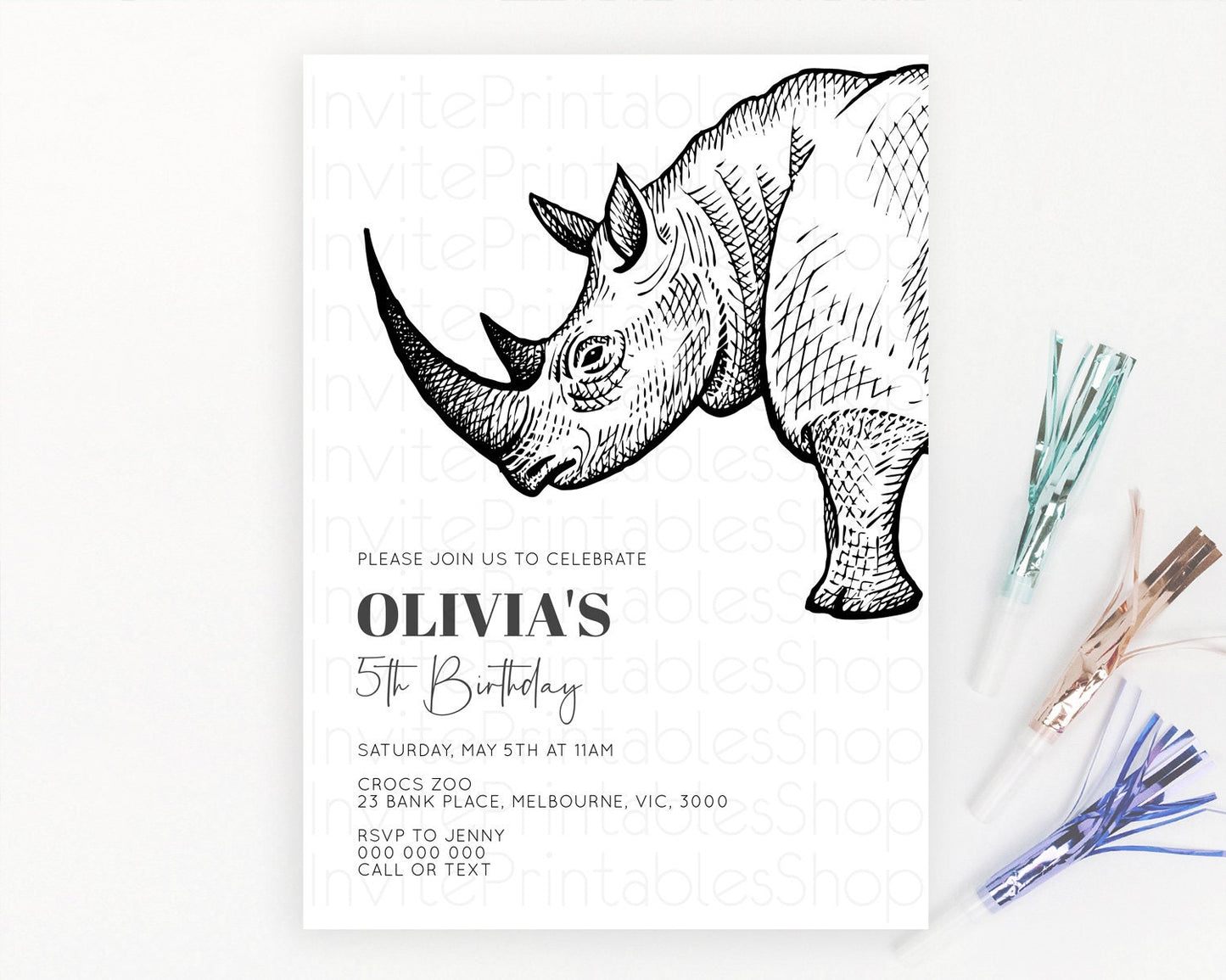 Rhino Birthday Invitation Rhino Invitation Rhino Birthday Rhino Safari Adventure Invite Rhino Palm Leaf Invite Zoo Party D10253