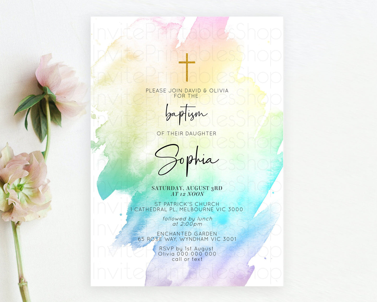 Pastel Baptism Invitation Pastel Colors Watercolor Baptism 1st Birthday Party Gold Ombre Pastel Rainbow Christening Holy Communion D10279