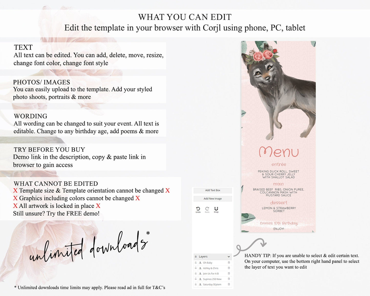 Wolf Menu Wolf Menu Template Pastel Floral Wolf Table Decor Forest Wolf Party Decor Wolf Dinner Dessert Menu Wolf Party Food Menu D10535