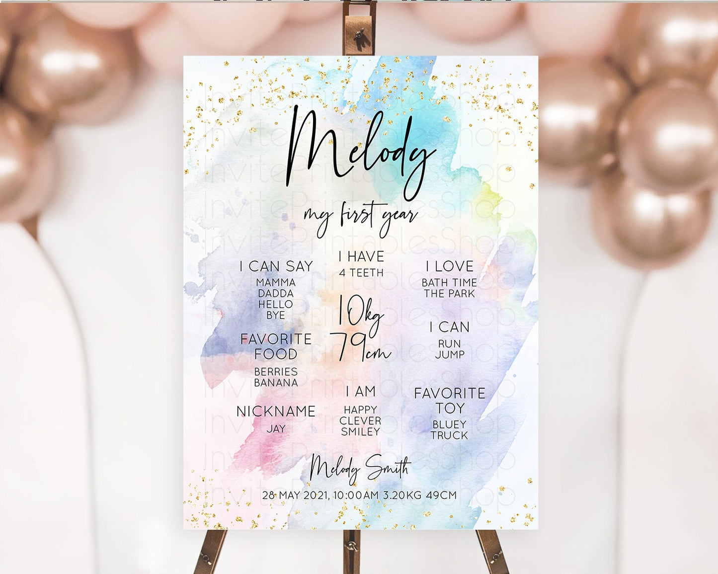 Pastel First Birthday Milestone Board Pastel Rainbow Milestone Poster Colorful Confetti Watercolor Glitter 1st Birthday Welcome Sign D10424