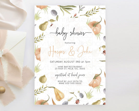 Pumpkin Baby Shower Invitation Pear Invitation Ladybug Invitation Plum Invitation Country Watercolor Baby Shower Invitation D10543