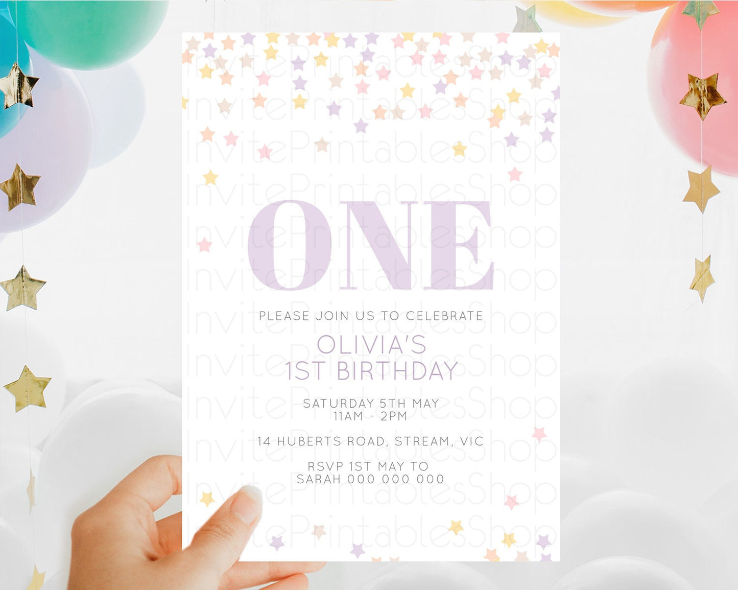 Star Birthday Invitation Pastel Stars Invite Shooting Star Party Rainbow Colorful Confetti Twinkle Little Star 2nd First Birthday D10810