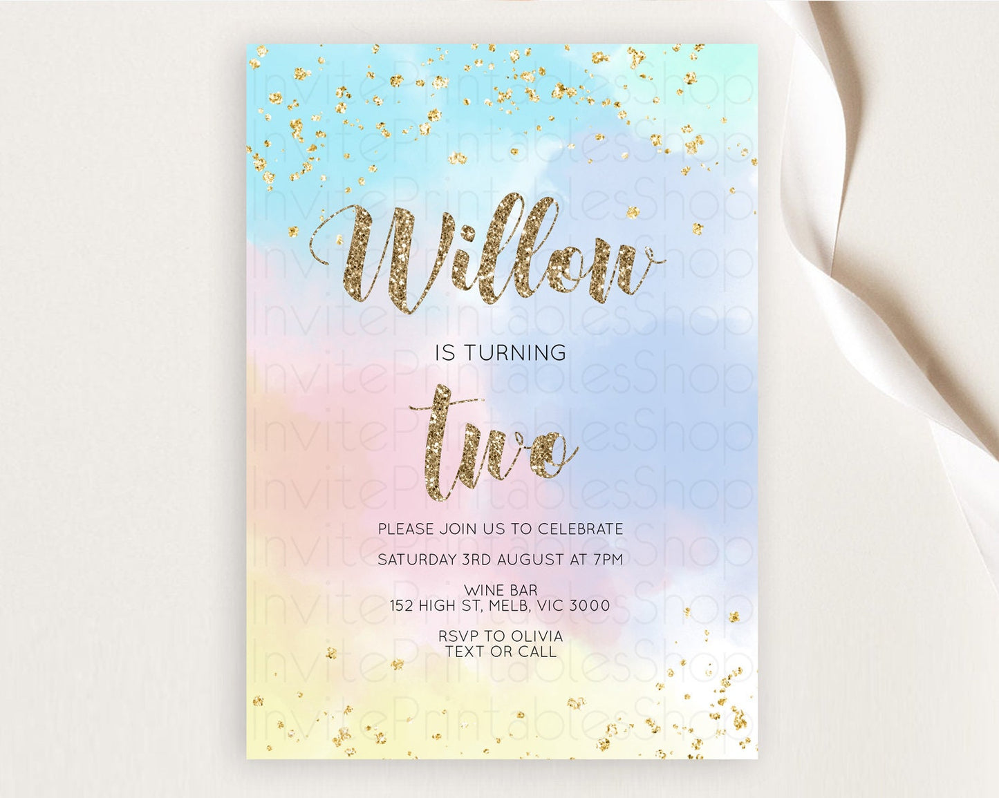 Rainbow Birthday Invitation Colorful Pastel Watercolor Invitation Gold Glitter Sprinkles Ombre Pastel 1st 2nd 3rd Birthday D10367