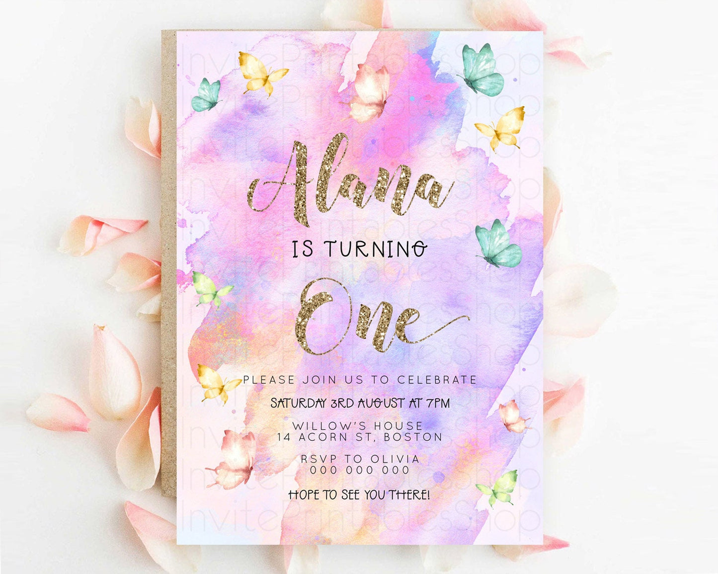 Pastel Butterfly Birthday Invitation Butterfly Birthday Invitation Colorful Splash Glitter Butterfly Garden 1st 2nd Birthday D23251