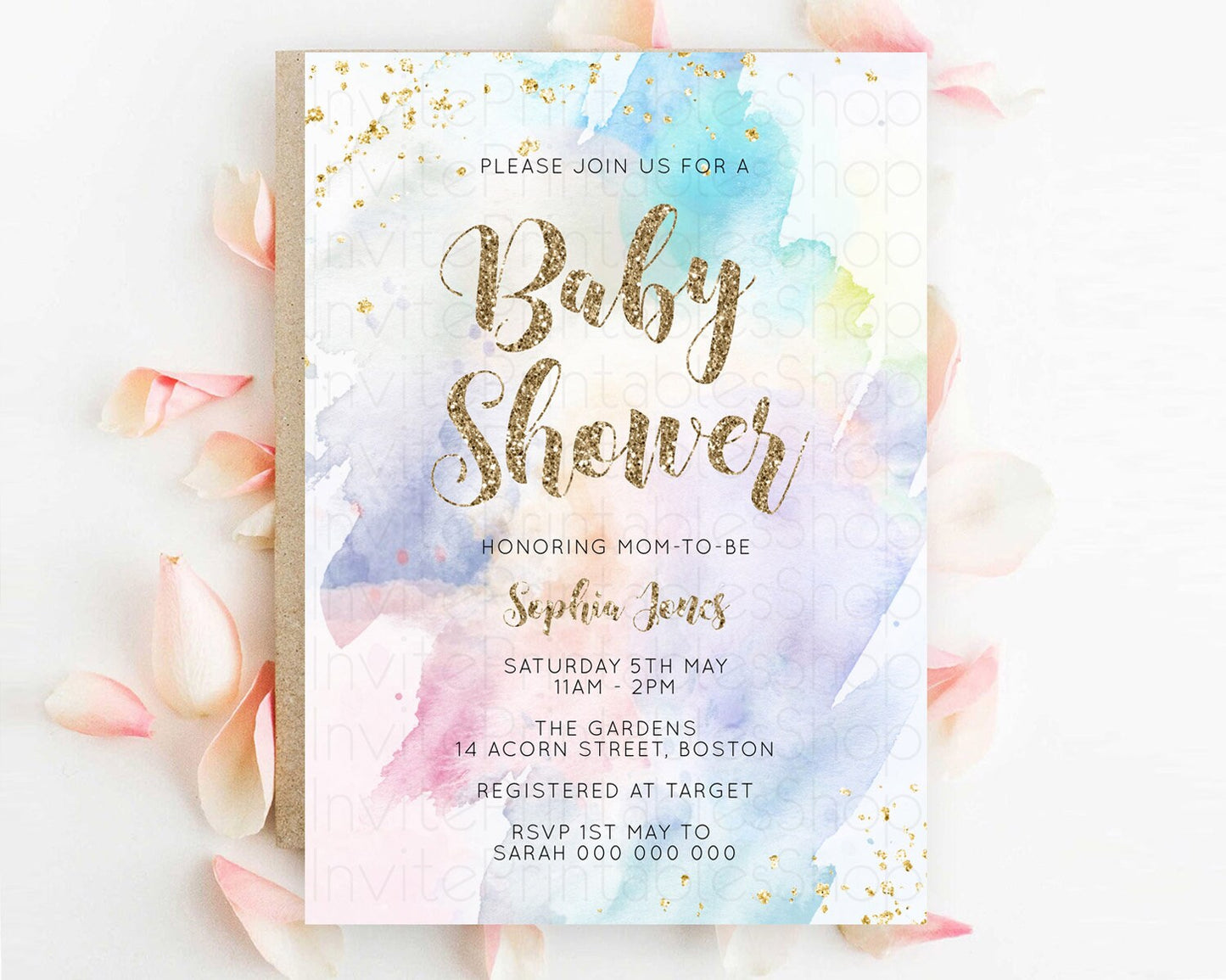 Pastel Baby Shower Invitation Rainbow Baby Shower Invitation Colorful Pastel Watercolor Invitation Gold Glitter Sprinkles Ombre D10421