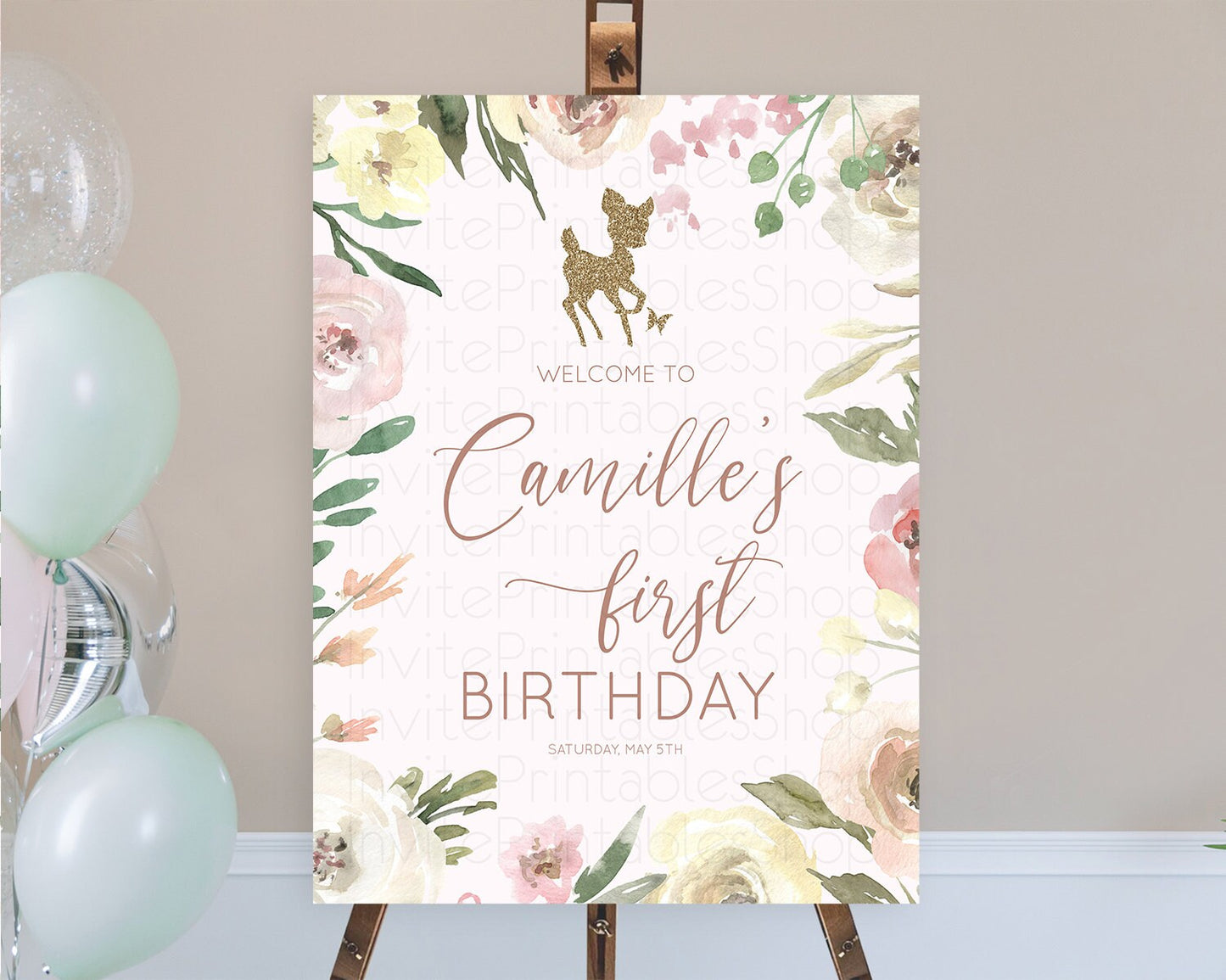 Fawn Welcome Sign Deer Welcome Board Floral Deer Welcome Poster Enchanted Forest Butterfly Pastel Floral First Birthday Welcome Sign D10193