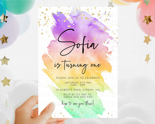 Editable Rainbow Birthday Invitation Colorful Pastel Watercolor Invitation G