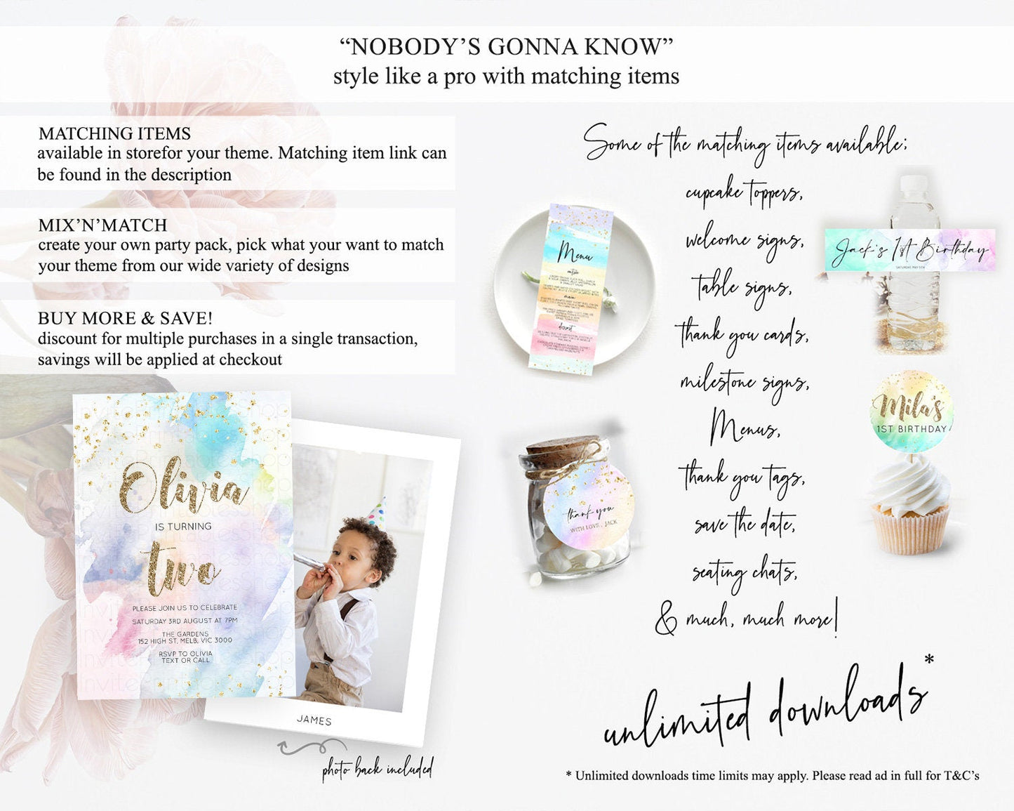 Rainbow Birthday Invitation Colorful Pastel Watercolor Invitation Gold Glitter Sprinkles Ombre Pastel 1st 2nd 3rd Birthday D10421