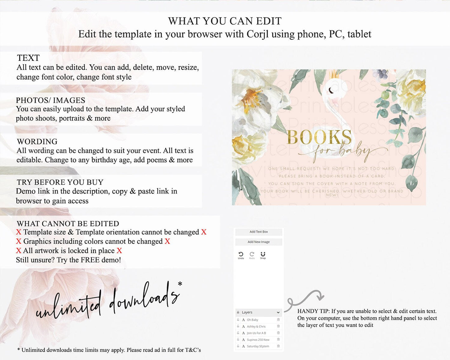 Swan Books For Baby Card Swan Princess Ballet Book Insert Enchanted Swan Lake Book Card Secret Garden Floral Book Poem Request D10115
