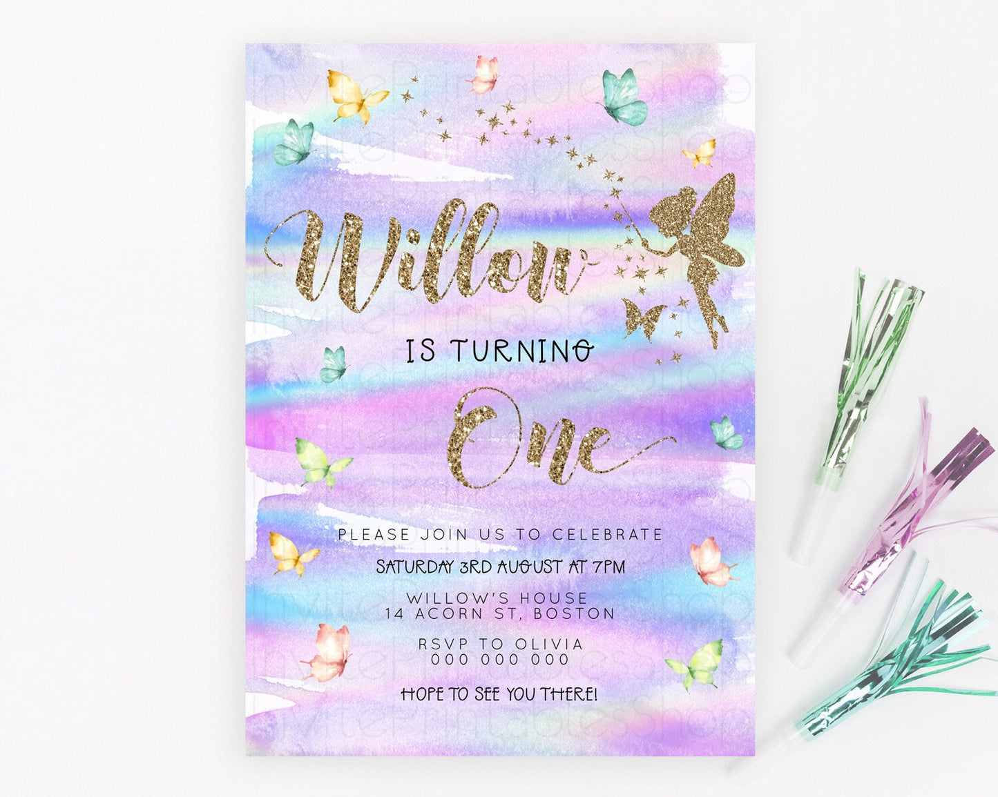 Pastel Fairy Birthday Invitation Pastel Butterflies Fairy Birthday Invitation Rainbow Ombre Watercolor 1st 2nd Birthday Invitation D23309