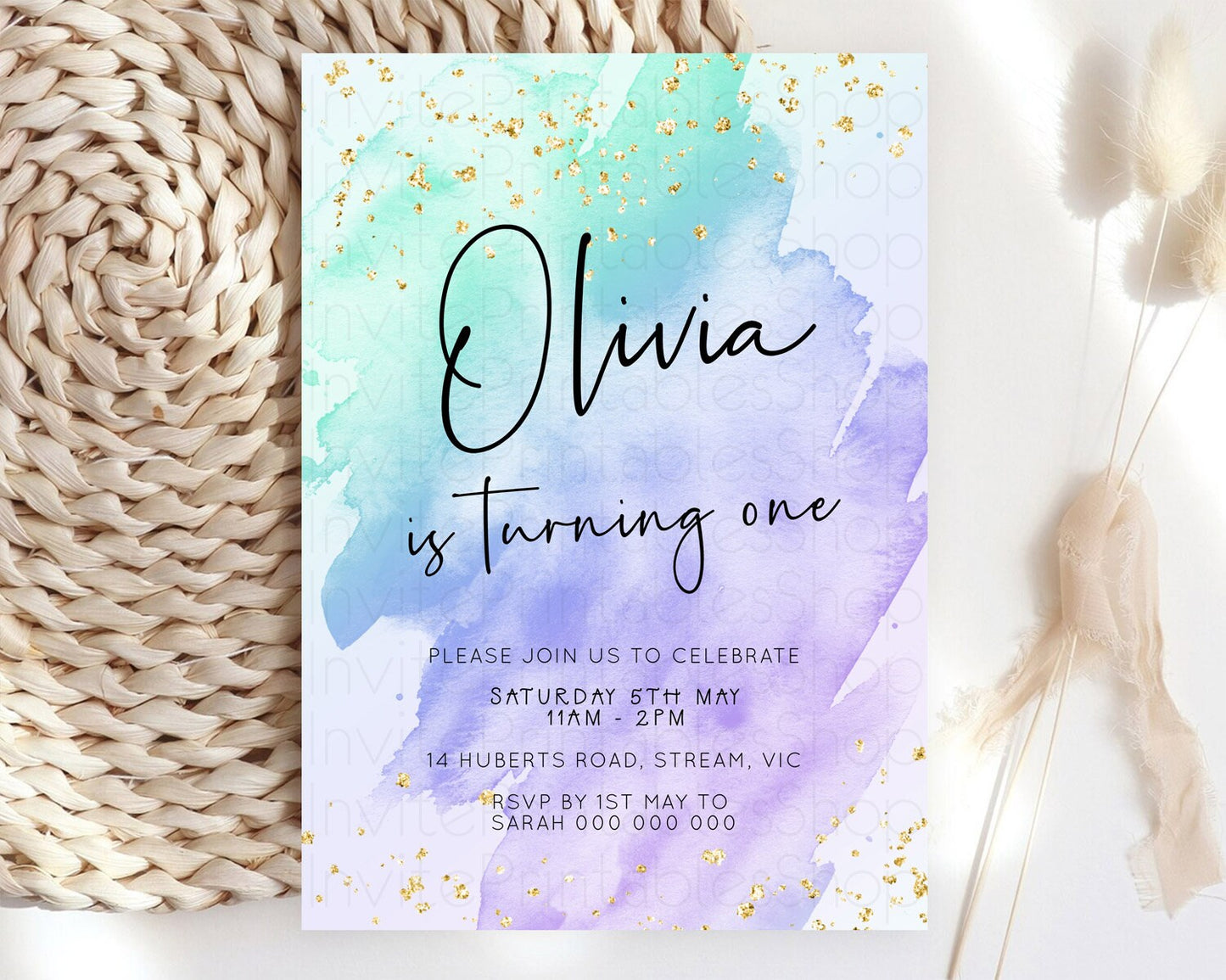 Pastel Birthday Invitation Ombre Watercolor Birthday Invitation Glitter Rainbow Color Splash 1st 2nd 3rd Birthday Invitation D23057