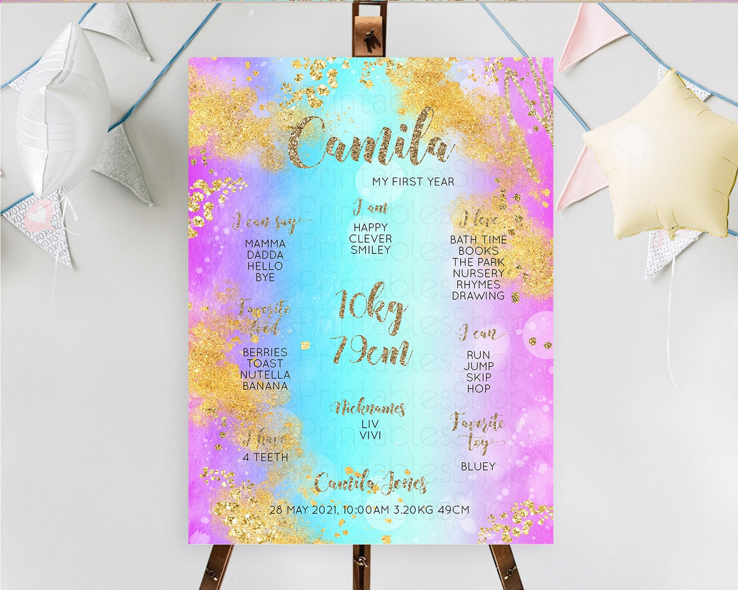 Pastel First Birthday Milestone Board Pastel Rainbow Milestone Poster Colorful Confetti Watercolor Glitter 1st Birthday Welcome Sign D10564