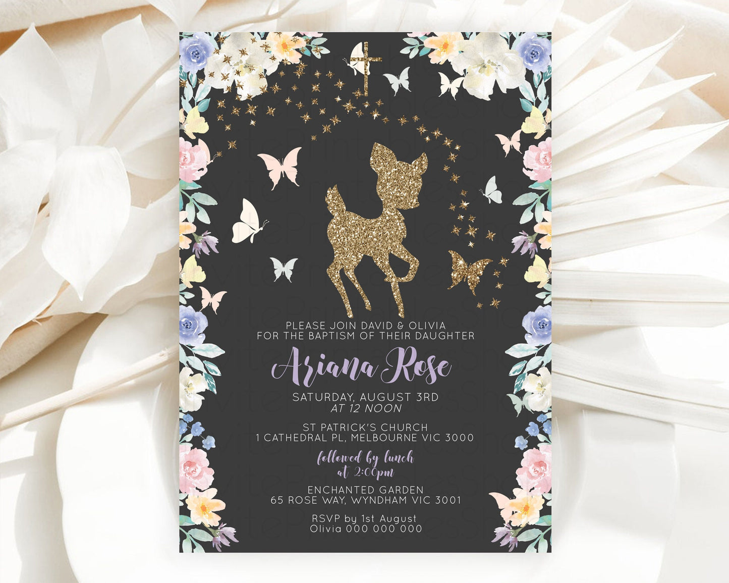 Fawn Baptism Invitation Deer Baptism 1st Birthday Invitation Enchanted Forest Christening Invitation Pastel Garden Butterfly Floral D10880