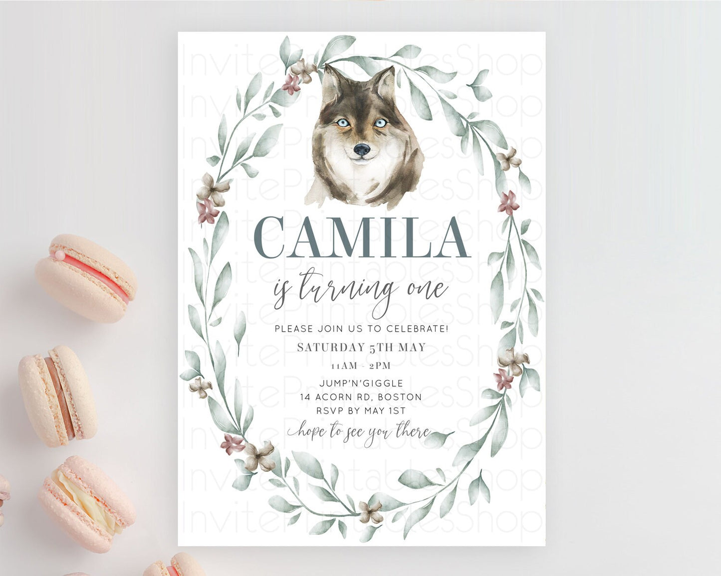 Wolf Birthday Invitation Wolf Invitation Pastel Wolf Birthday Enchanted Forest Woods Wolf Floral Invitation Howling Birthday Party 100204