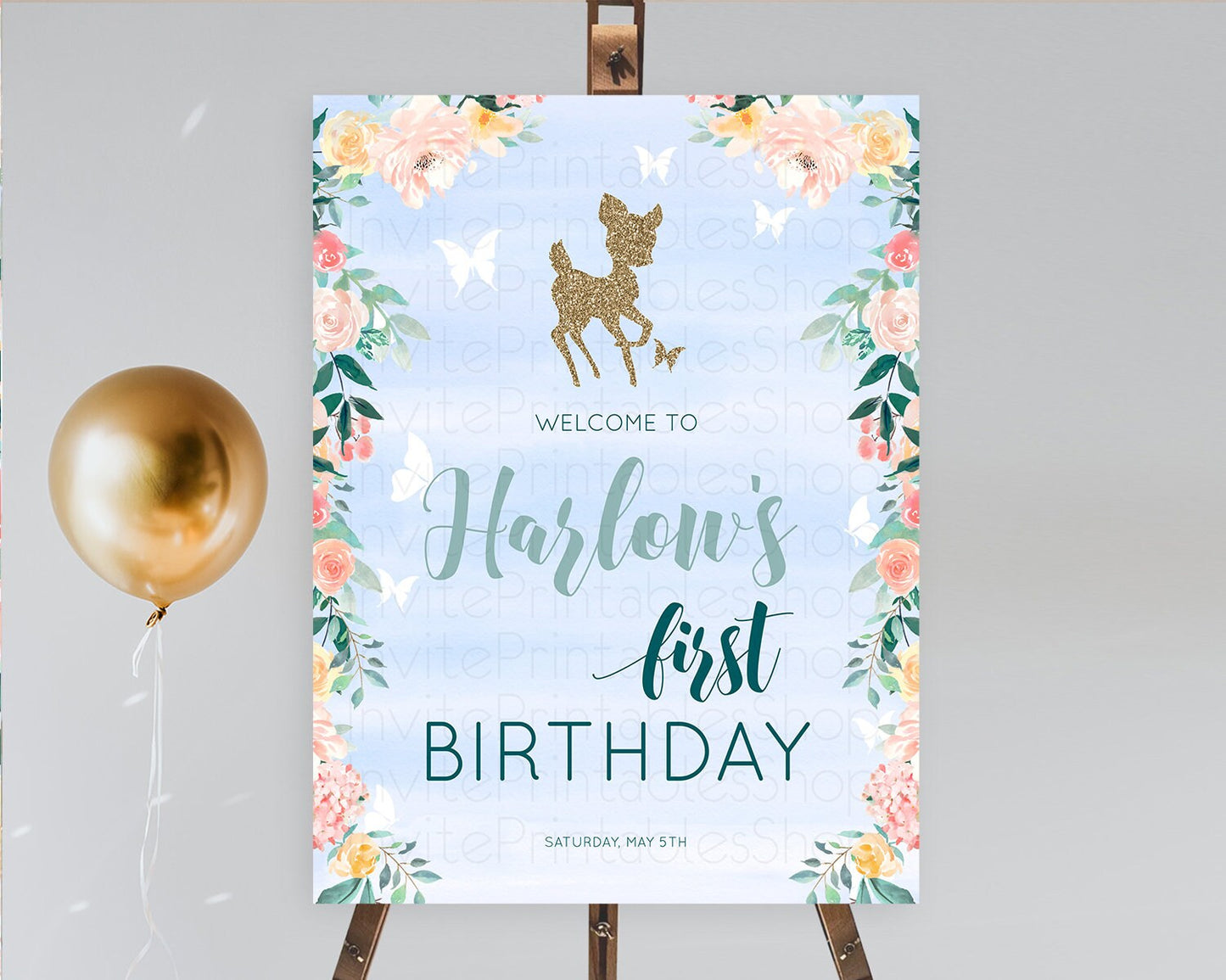 Fawn Welcome Sign Deer Welcome Board Floral Deer Welcome Poster Enchanted Forest Butterfly Pastel Floral First Birthday Welcome Sign D10875