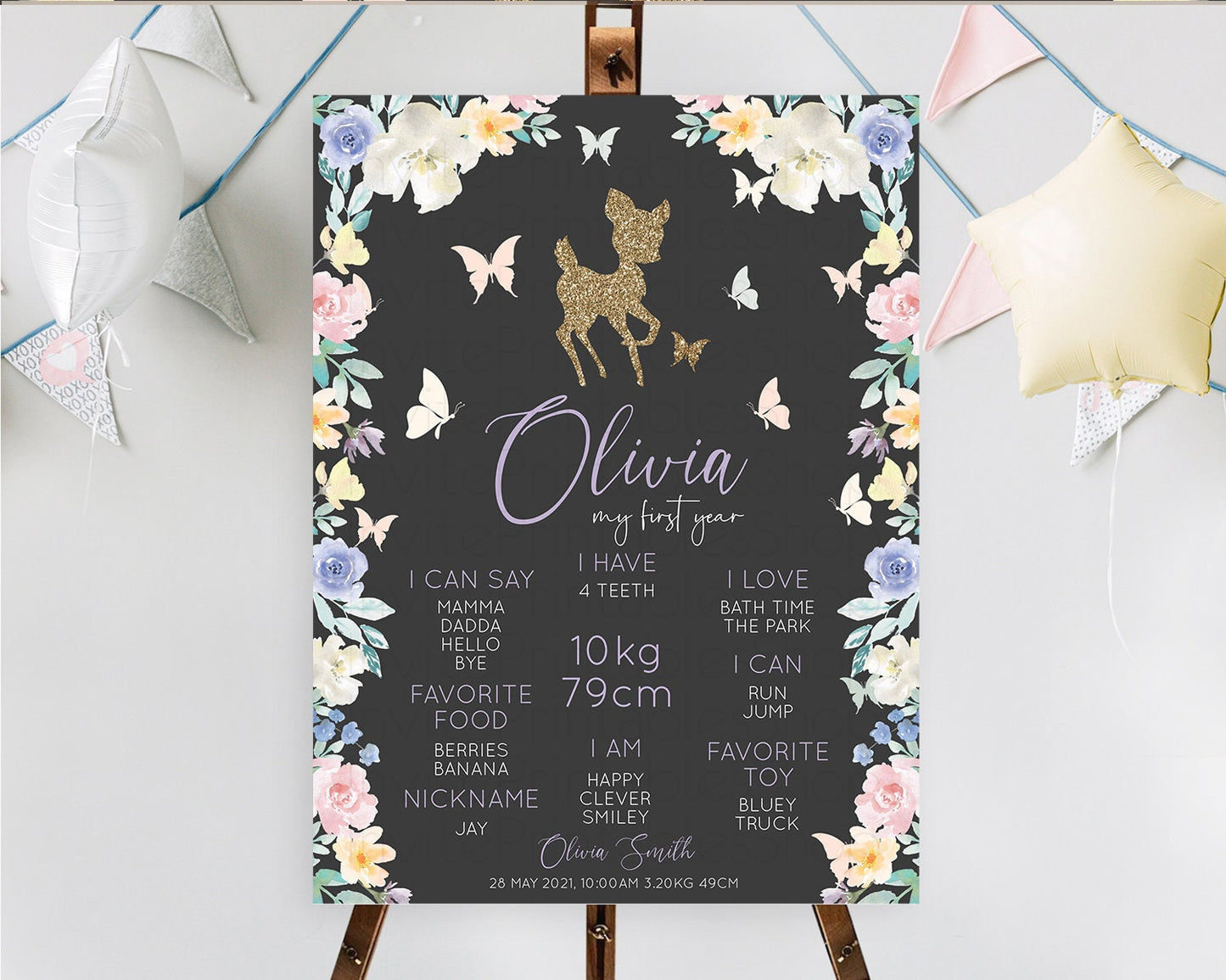 Fawn First Birthday Milestone Board Deer First Birthday Milestone Poster Enchanted Forest Butterfly Pastel Flowers 1st Birthday Sign D10323