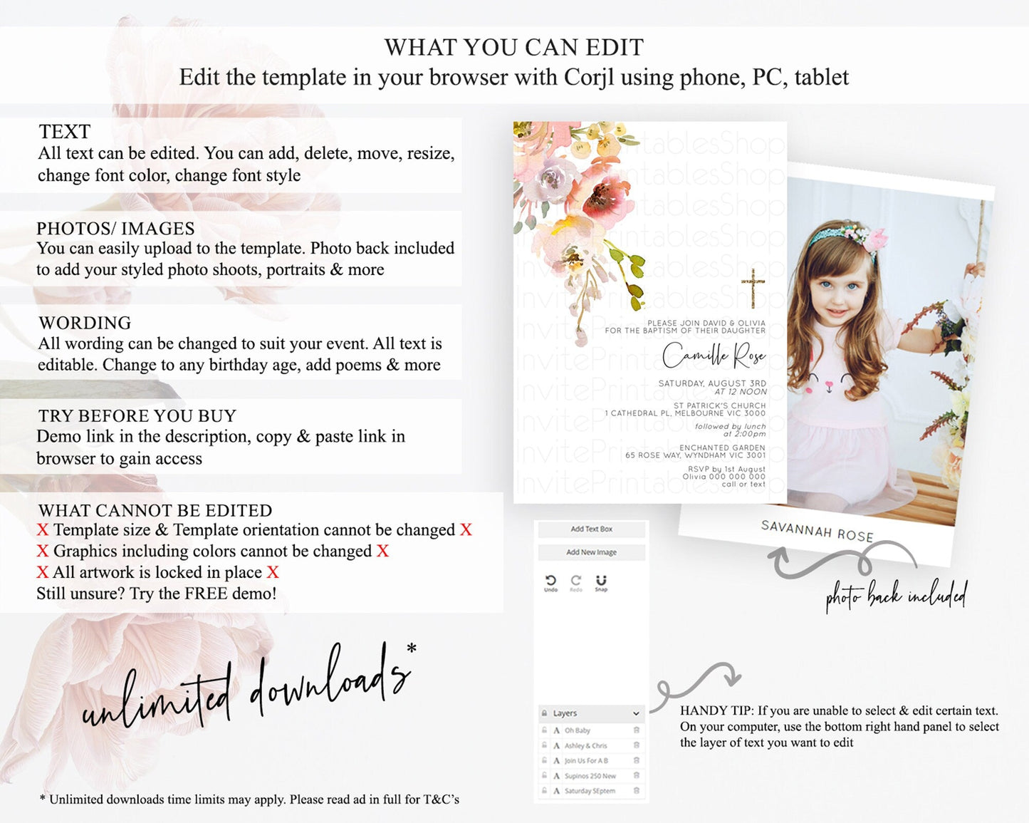 Secret Garden Baptism Invitation Wildflower Baptism Birthday Invite Pastel Flowers Christening Invite Enchanted Garden Boho Floral D10194
