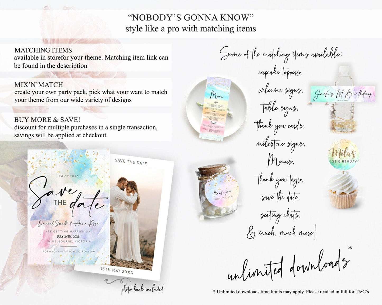 Pastel Save The Date Template Pastel Ombre Rainbow Watercolor Colorful Party For Birthday Baptism Baby Shower Wedding Bridal Shower D10420