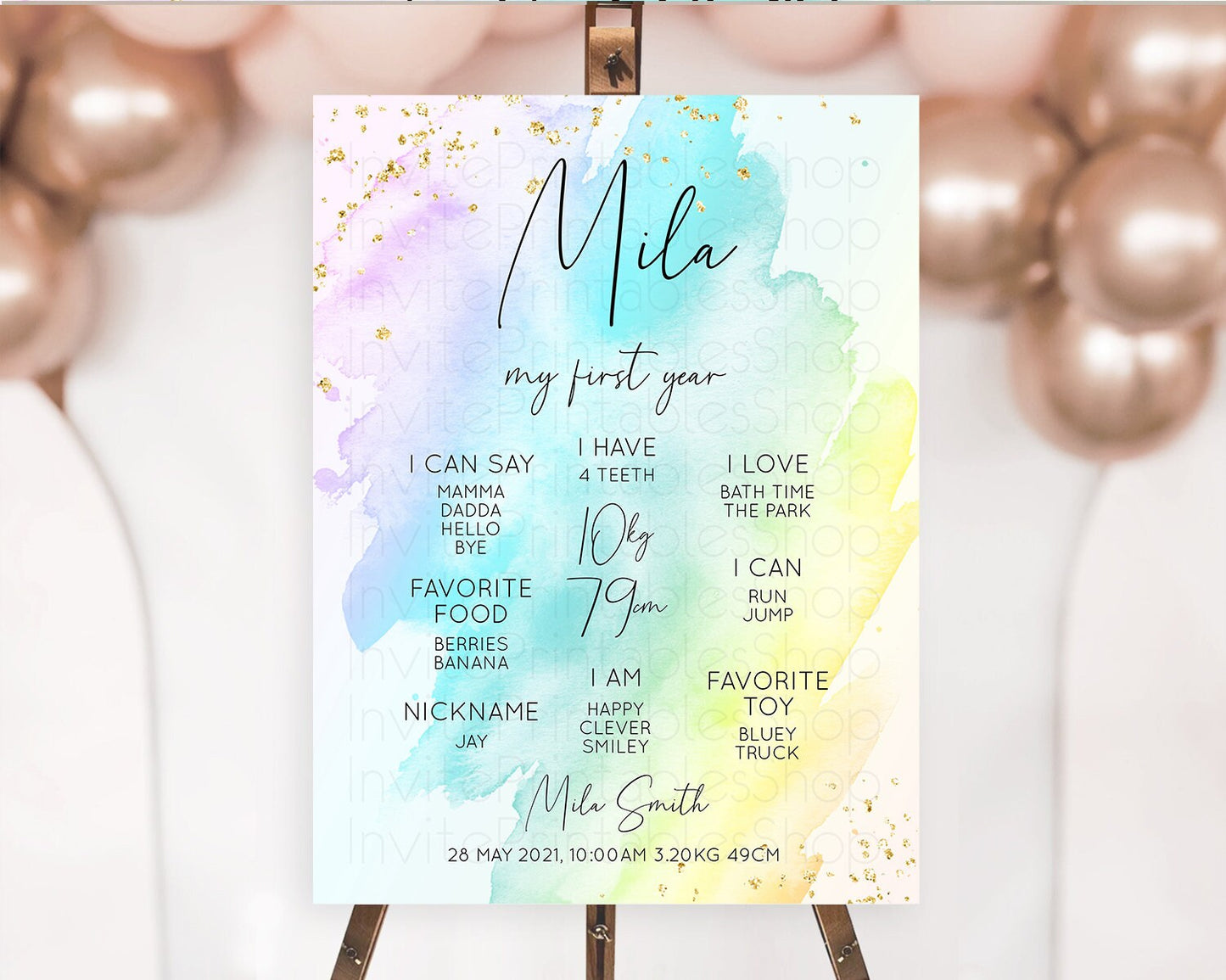 Pastel First Birthday Milestone Board Pastel Rainbow Milestone Poster Colorful Confetti Watercolor Glitter 1st Birthday Welcome Sign D10773