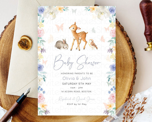 Enchanted Forest Baby Shower Invitation: Fawn, Bunny, Deer, Butterfly, Pastel Flowers, Whimsical Woodland, Pink, Blue, White Floral D10930