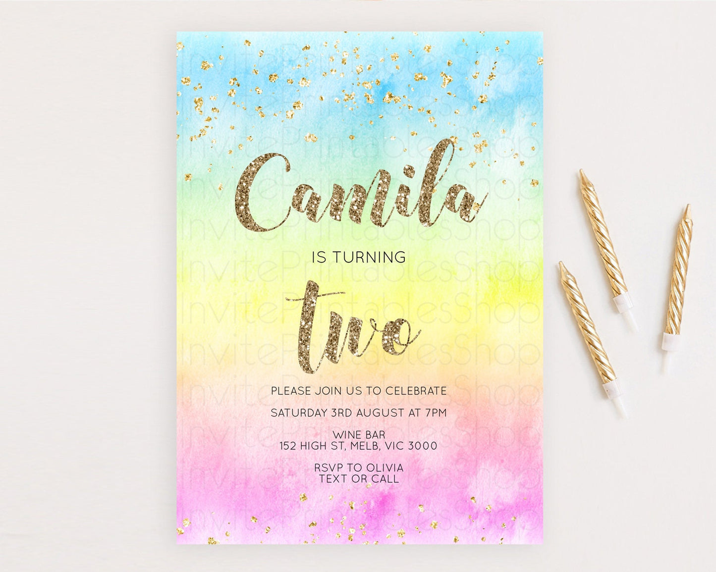 Rainbow Birthday Invitation Colorful Pastel Watercolor Invitation Gold Glitter Sprinkles Ombre Pastel 1st 2nd 3rd Birthday D10479