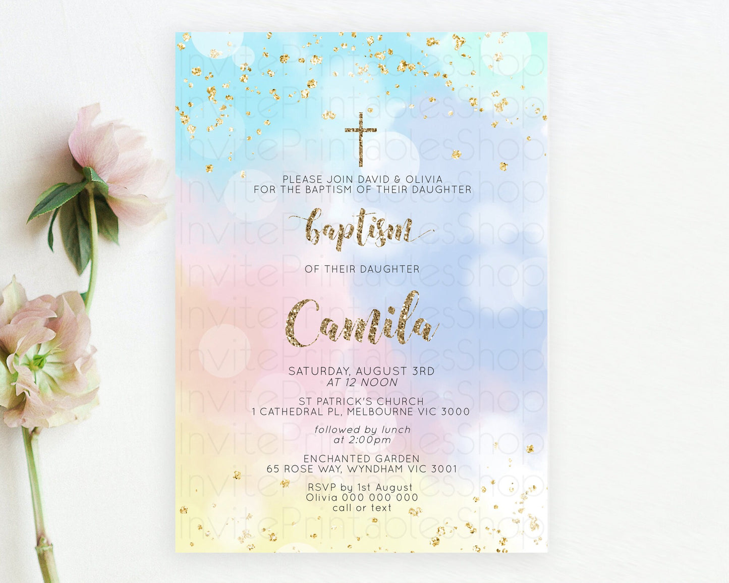 Pastel Baptism Invitation Pastel Colors Watercolor Baptism 1st Birthday Party Gold Ombre Pastel Rainbow Christening Holy Communion D10367