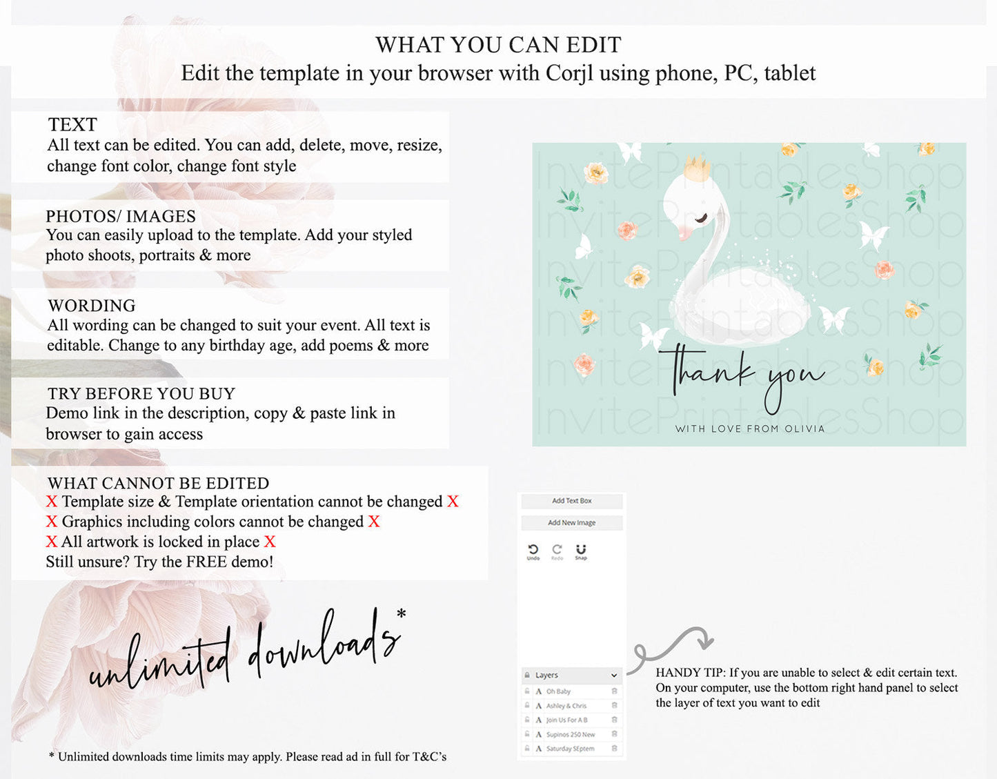 Swan Thank You Swan Princess Ballet Thank You Card Swan Lake Birthday Thank You Cards Secret Garden Pastel Floral Teacher Thank You D10905