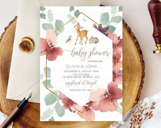 Enchanted Forest Baby Shower Invitation Burgundy Pastel Flowers Fawn, Deer, Butterfly Bunny Perfect for a Whimsical Fall Celebration D10913