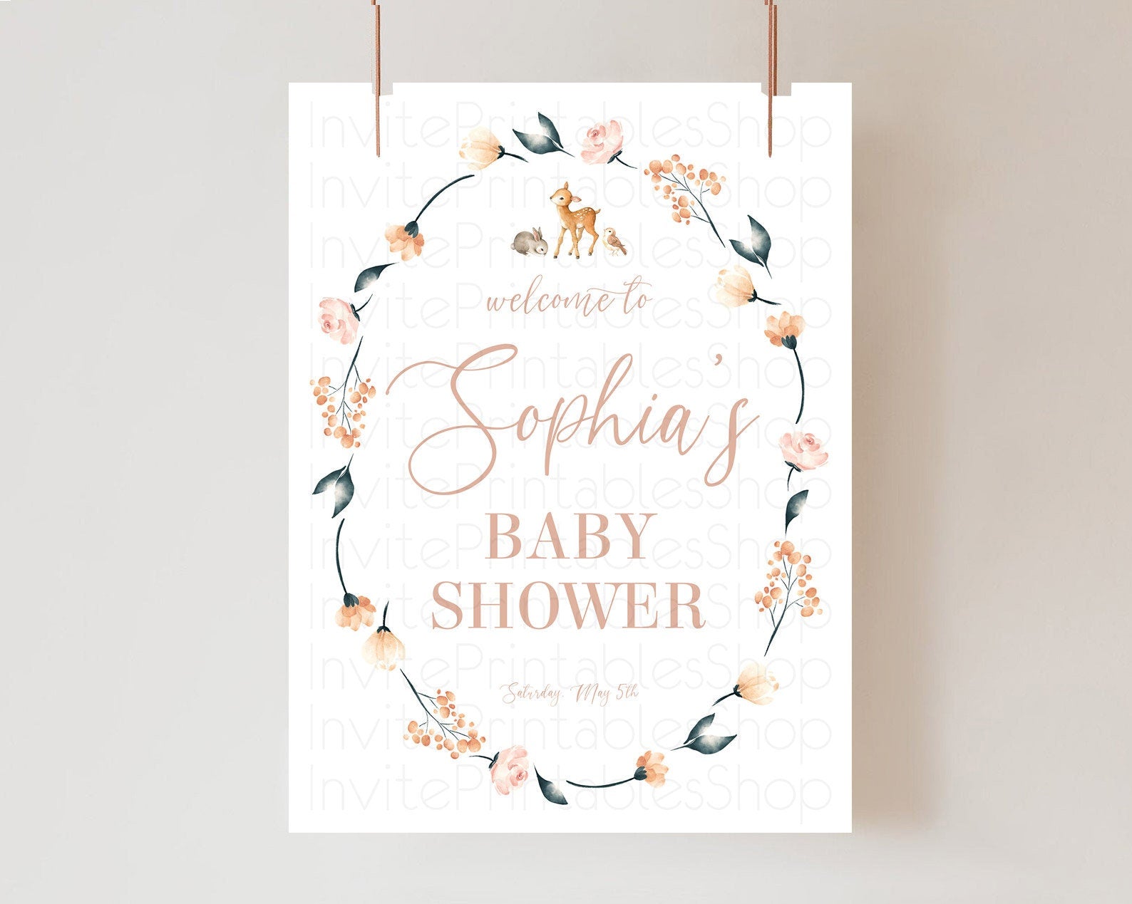 Editable Fawn Baby Shower Welcome Sign Deer Welcome Board Floral Deer Welcom