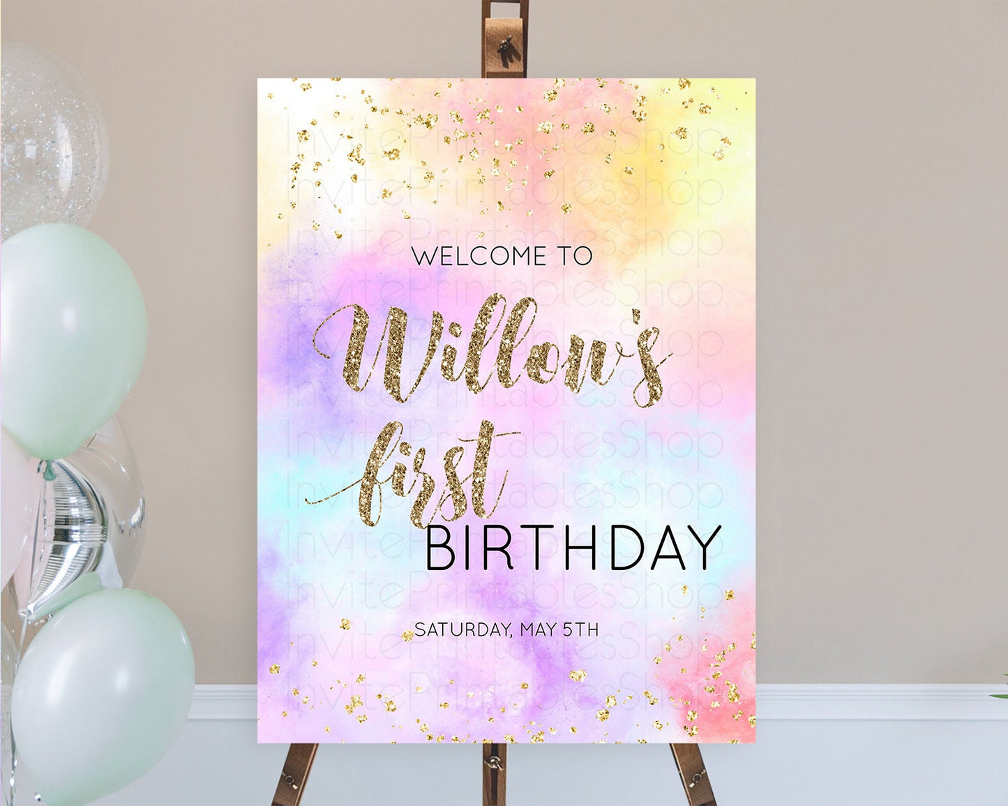 Pastel Welcome Sign Pastel Rainbow Welcome Sign Colorful Rainbow Confetti Watercolor Glitter Pastel First Birthday Welcome Sign D10435