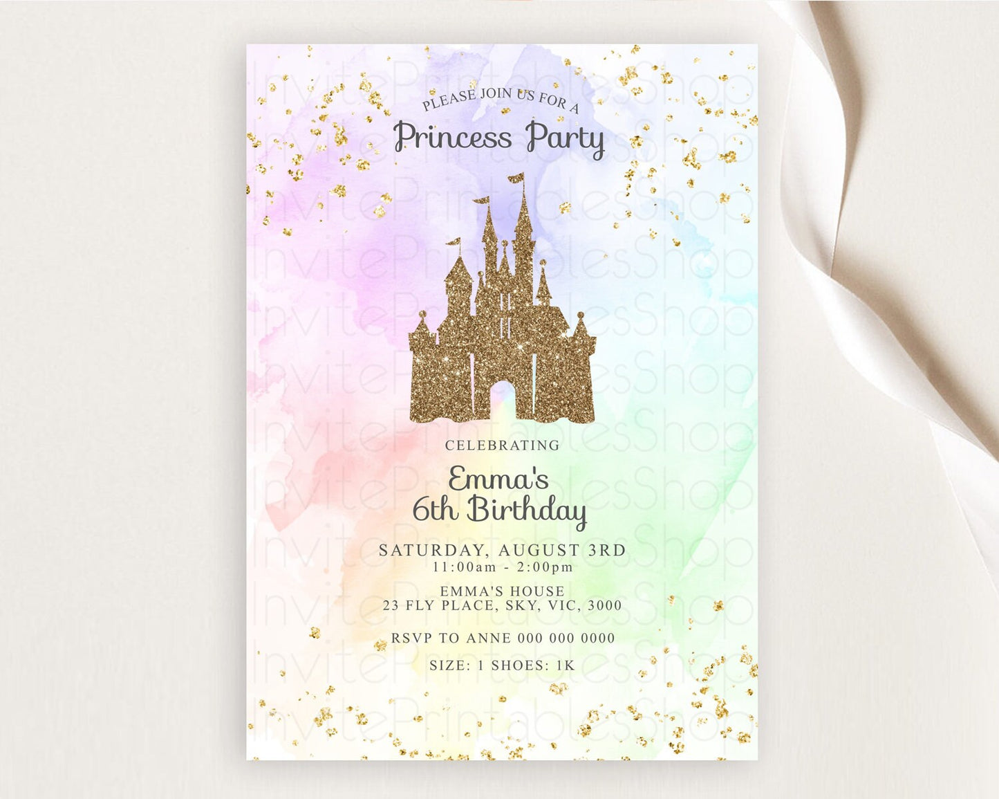 Princess Birthday Invitation Princess Invitation Pastel Invitation Royal Birthday Rainbow Color Enchanted Castle 1st First Birthday D10658