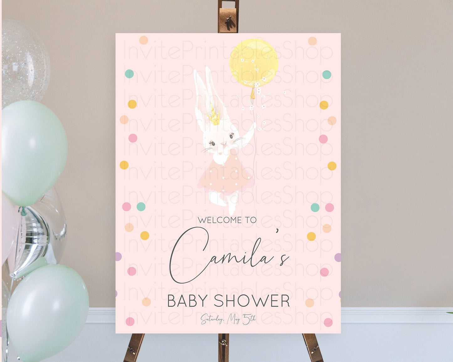 Bunny Baby Shower Welcome Sign Bunny Balloon Welcome Board Colorful Pastel Confetti Bunny Welcome Poster Sprinkles Baby Welcome Sign D10219