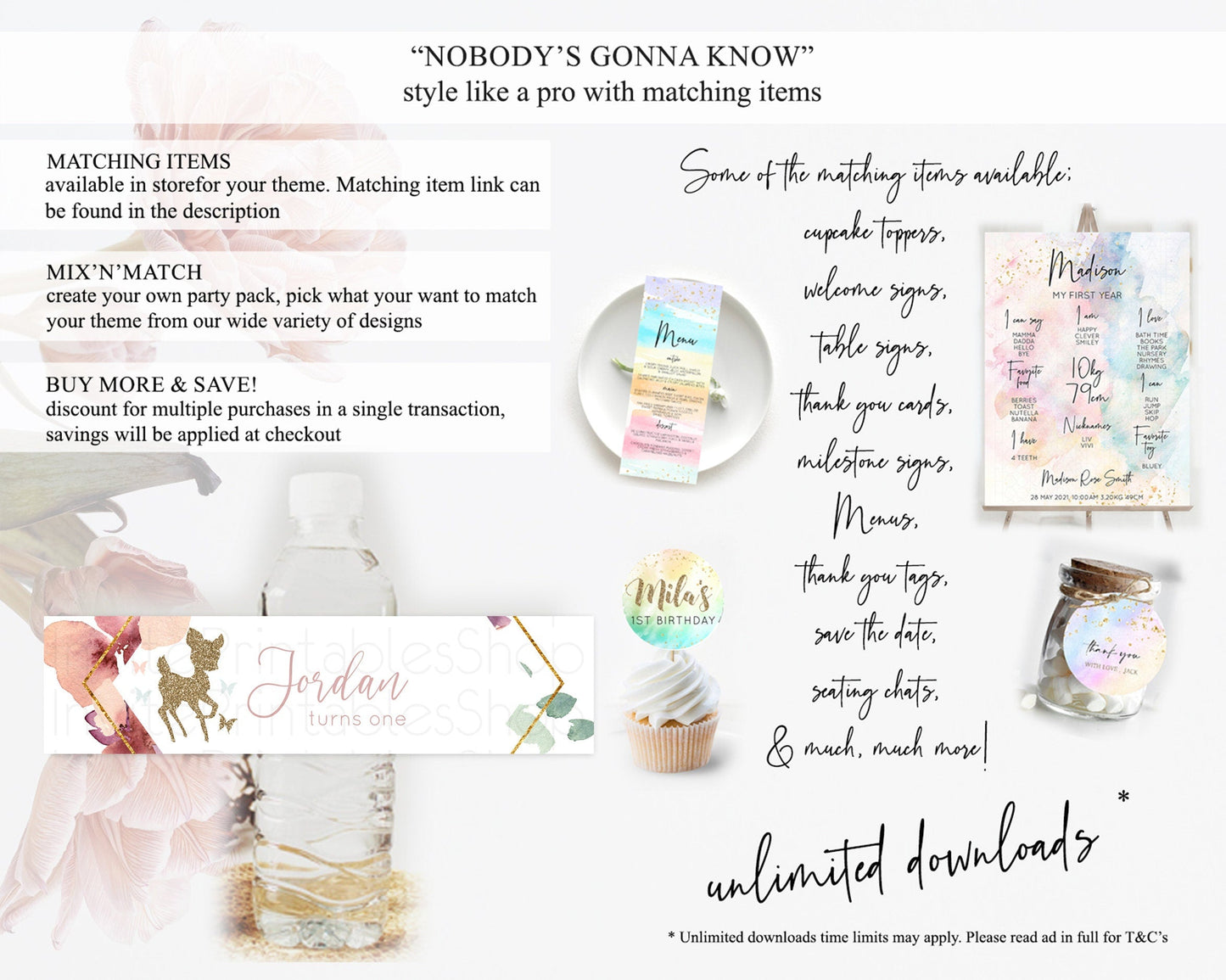 Fawn Deer Water Label Template Pastel Floral Deer Enchanted Forest Butterfly Party Decor Birthday Baptism Baby Shower Bridal Shower D10459