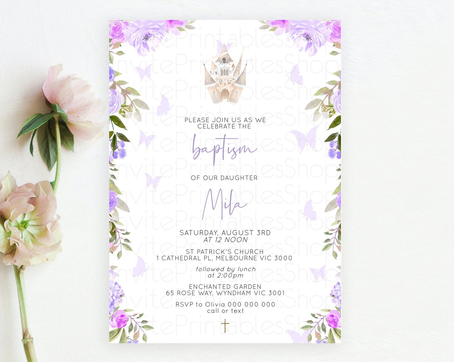 Princess Baptism Invitation Enchanted Castle Baptism 1st Birthday Invitation Royal Party Pastel Floral Secret Garden Christening D10339