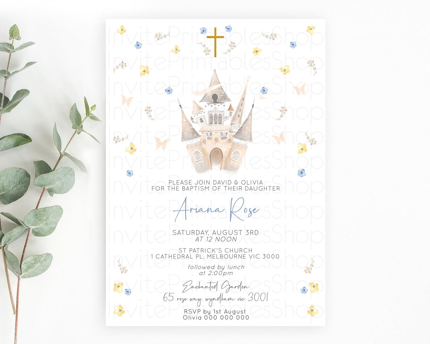 Princess Baptism Invitation Enchanted Castle Baptism 1st Birthday Invitation Royal Party Pastel Floral Secret Garden Christening D10365