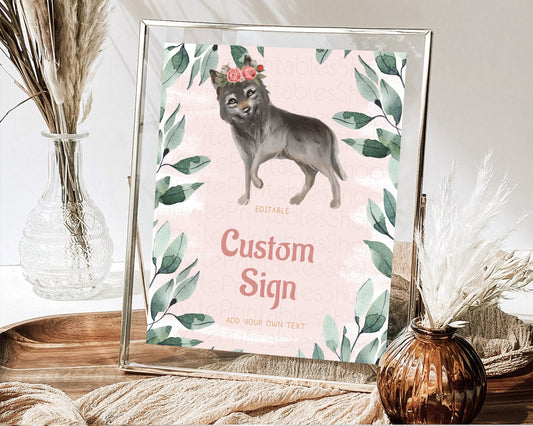 Editable Wolf Sign Wolf Table Sign Decor Pastel Floral Wolf Party Forest Adv