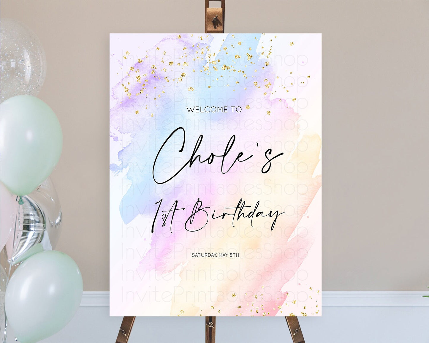 Pastel Welcome Sign Pastel Rainbow Welcome Sign Colorful Rainbow Confetti Watercolor Glitter Pastel First Birthday Welcome Sign D10635