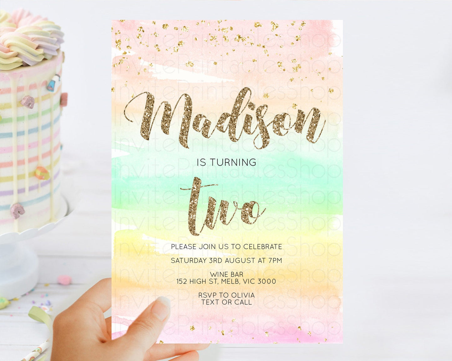 Rainbow Birthday Invitation Colorful Pastel Watercolor Invitation Gold Glitter Sprinkles Ombre Pastel 1st 2nd 3rd Birthday D10592