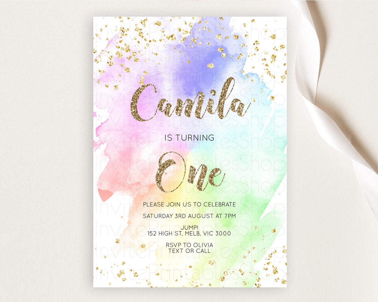 Rainbow Birthday Invitation Colorful Pastel Watercolor Invitation Gold Glitter Sprinkles Ombre Pastel 1st 2nd 3rd Birthday D10319