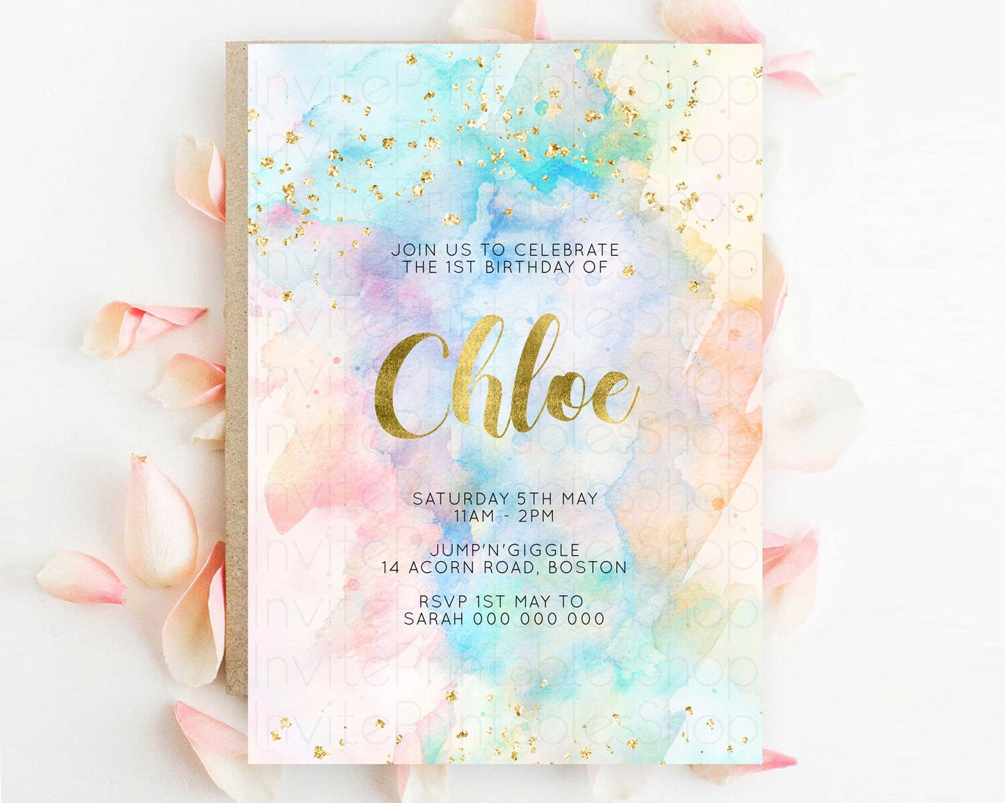 Rainbow Birthday Invitation Colorful Pastel Watercolor Invitation Gold Glitter Sprinkles Ombre Pastel 1st 2nd 3rd Birthday D10272