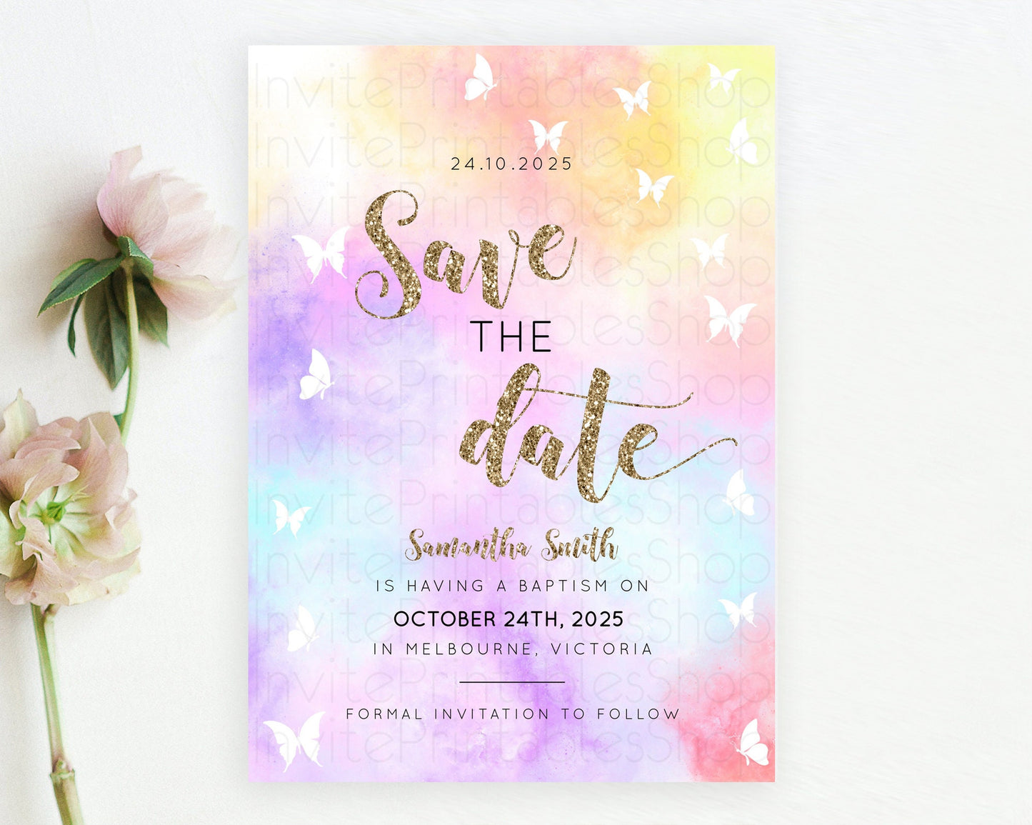 Pastel Save The Date Template Pastel Ombre Rainbow Watercolor Colorful Party For Birthday Baptism Baby Shower Wedding Bridal Shower D10435