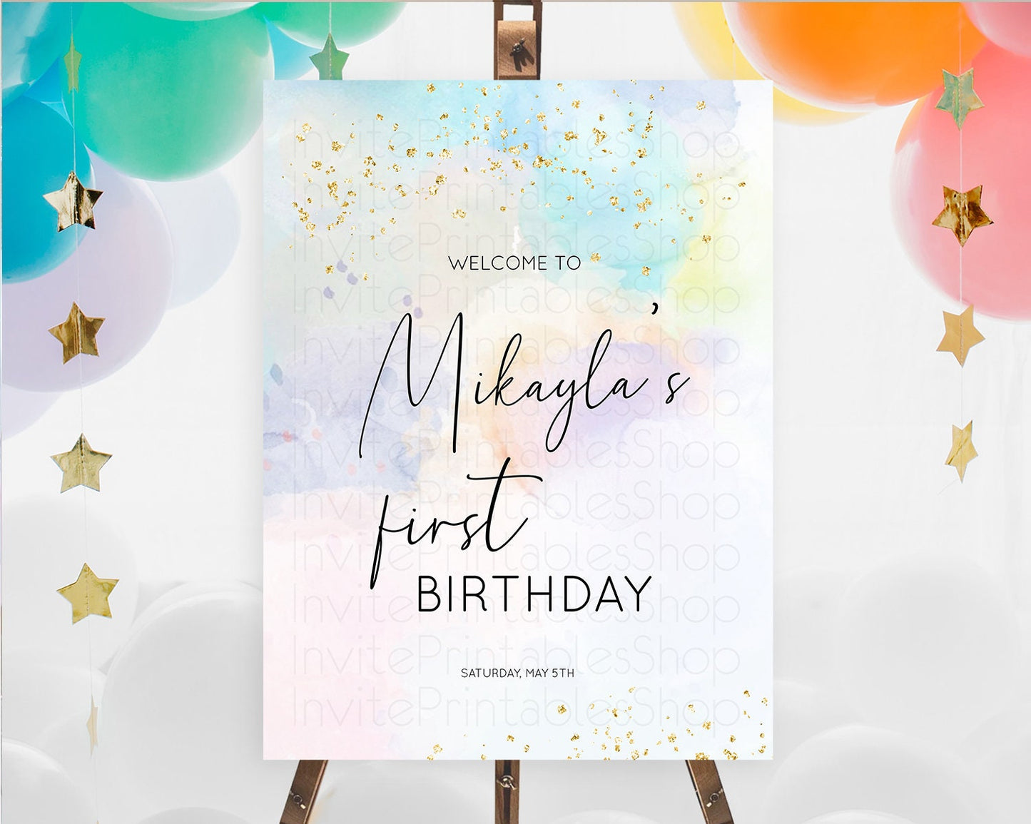 Pastel Welcome Sign Pastel Rainbow Welcome Sign Colorful Rainbow Confetti Watercolor Glitter Pastel First Birthday Welcome Sign D10769