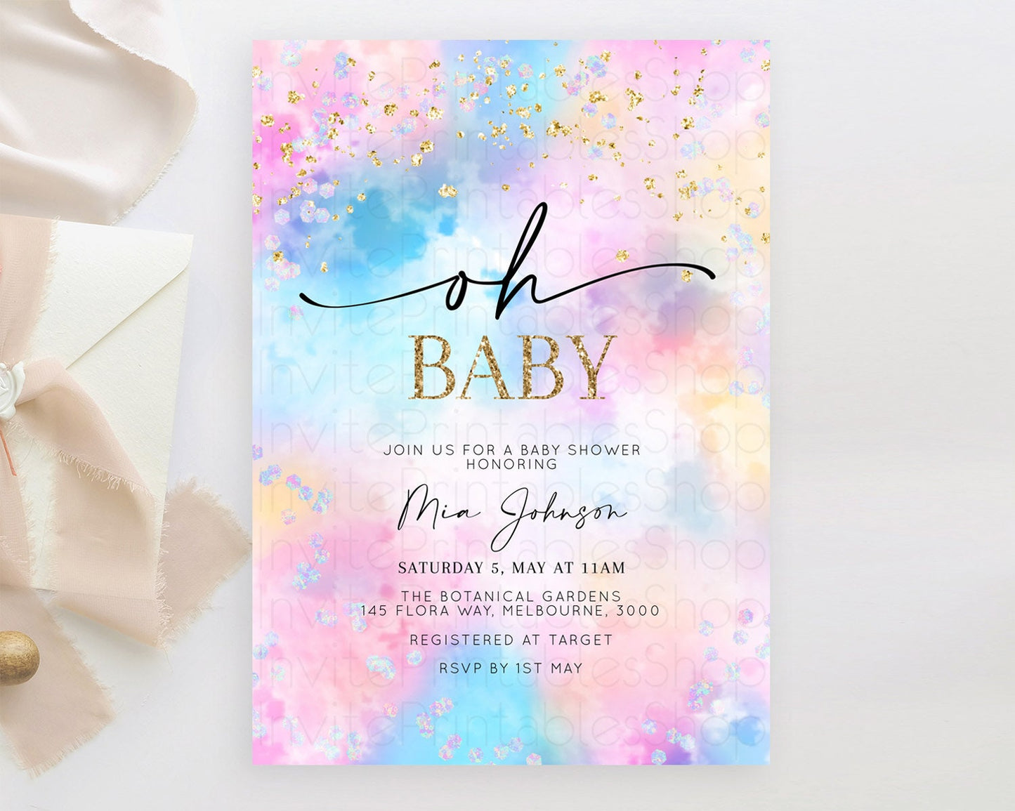 Pastel Baby Shower Invitation Rainbow Baby Shower Invitation Colorful Pastel Watercolor Invitation Gold Glitter Sprinkles Ombre D10607