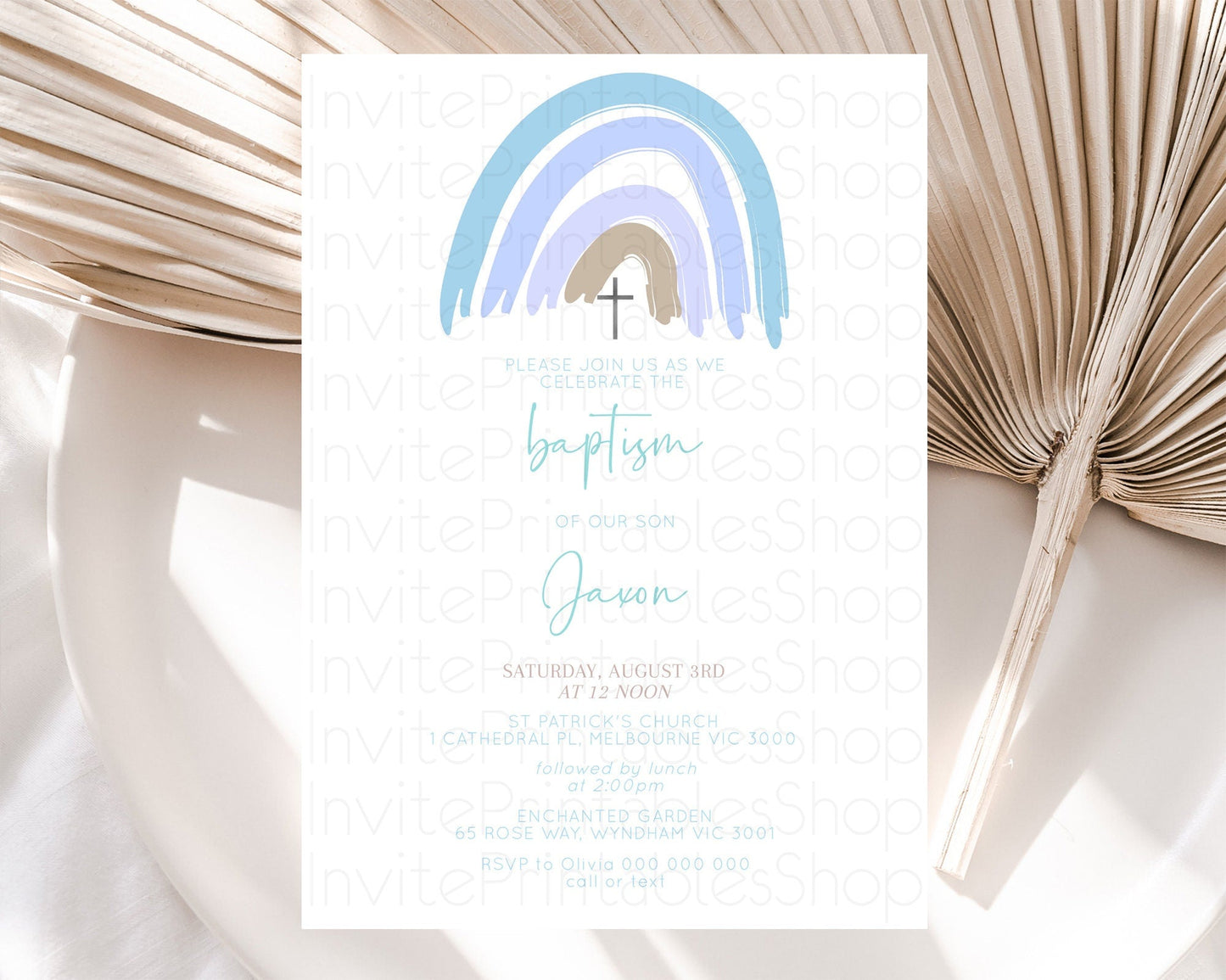 Pastel Rainbow Baptism Invitation Boho Rainbow Baptism 1st Birthday Invitation Rainbow Pastel Watercolor Christening Invitation D10352