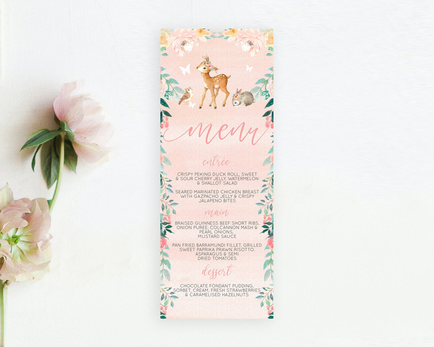 Fawn Menu Deer Menu Template Pastel Floral Deer Table Decor Enchanted Forest Butterfly Floral Dinner Dessert Menu Party Food Menu D10921