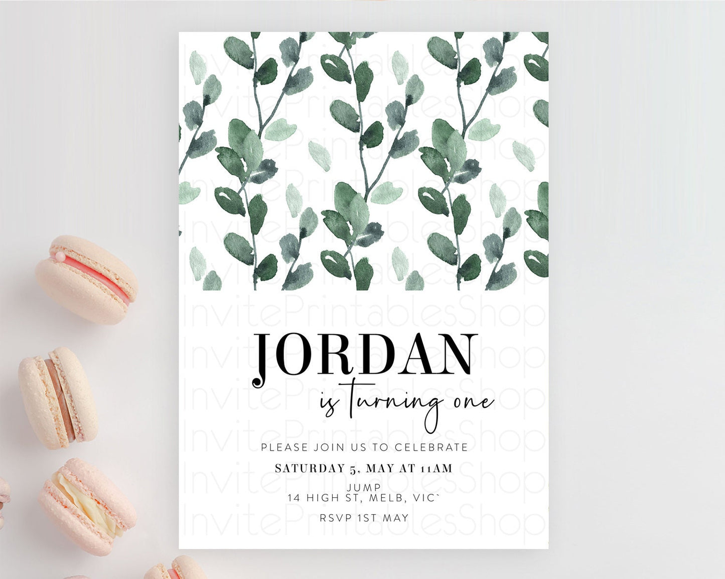 Leafy Birthday Invitation Leafy Invitation Simple Greenery Invitation Eucalyptus Fern Spray Leaves Minimal Green Leaf Watercolour D11059